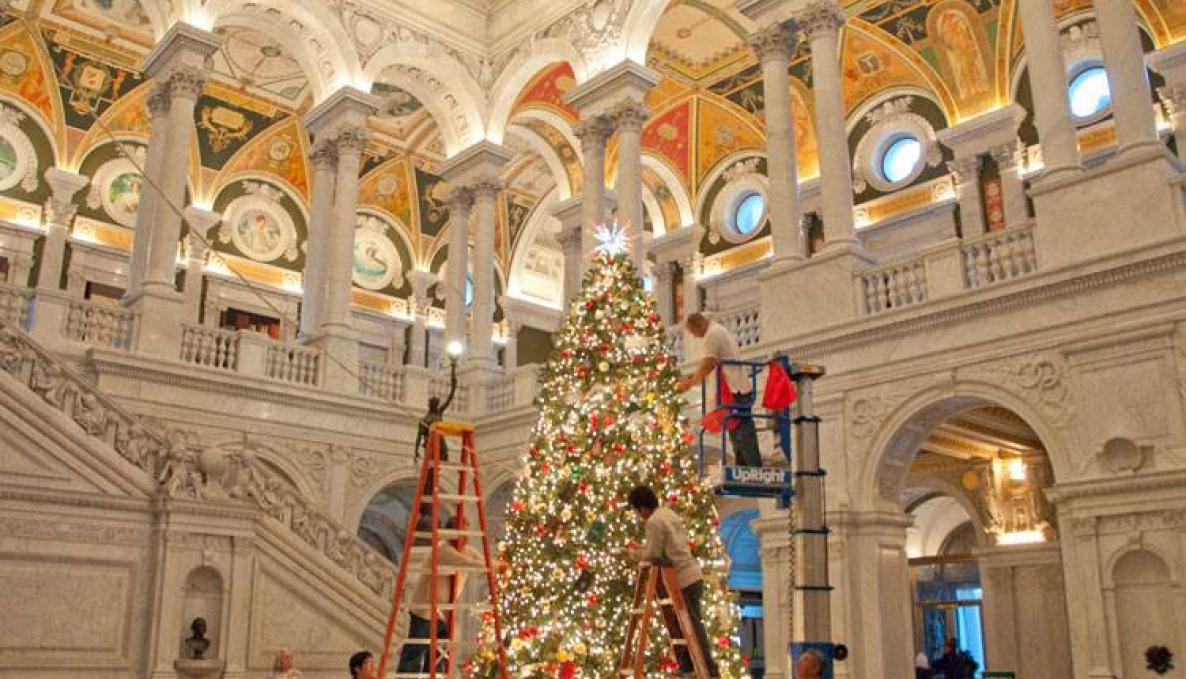 Putting up the Christmas tree in The Library of Congress